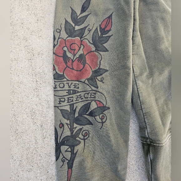 SUPER RARE Y2K GRUNGE LUCKY BRAND EMBROIDERED HOODIE MED PEACE & LOVE SAGE - Picture 3 of 9